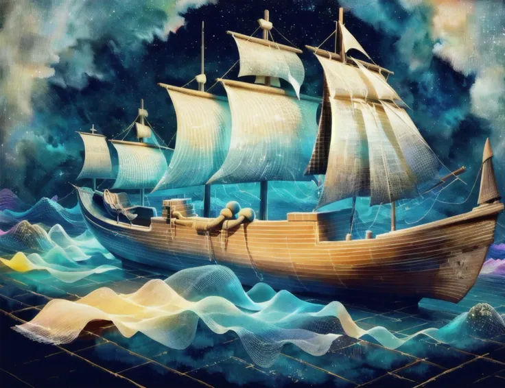 painting of a ship in the ocean with a sky background