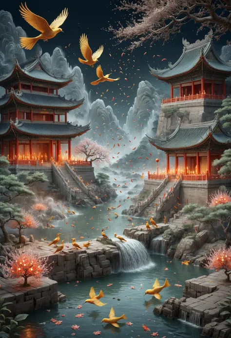 a painting of a waterfall with birds flying over it