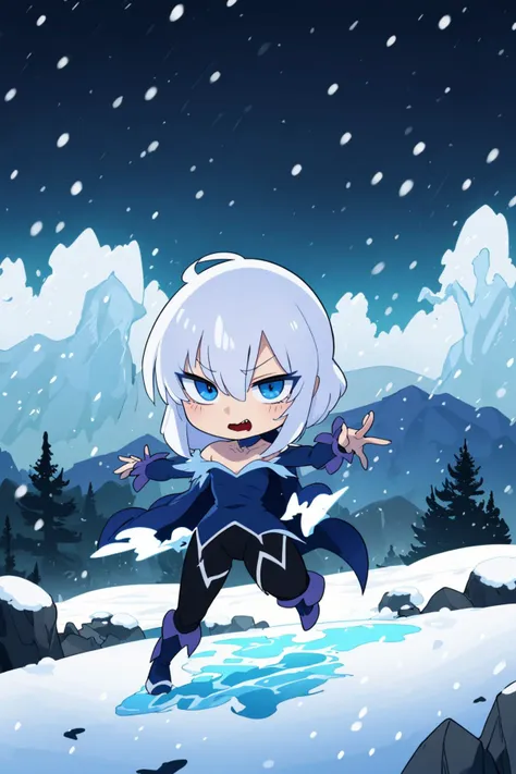 a cartoon image of a girl in a blue outfit running through the snow