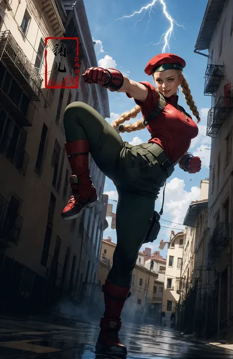 CAMMYEpic CG masterpiece, from Capcom game Street Fighter, cammy, Cammy White (character name), red beret, camouflage face paint, confident smile, legendary fighting, skills, martial arts expert,lightning kick, spinning bird kick,
<lora:~Q?-CAMMY:0.7>