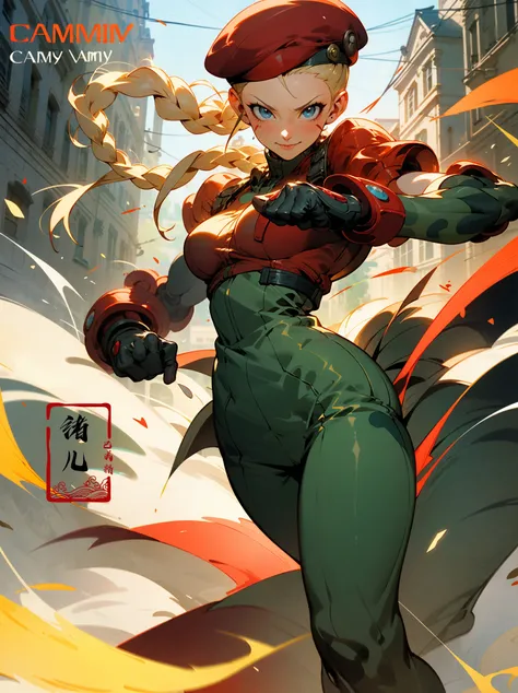 CAMMYEpic CG masterpiece, from Capcom game Street Fighter, cammy, Cammy White (character name), red beret, camouflage face paint, confident smile,
<lora:~Q?-CAMMY:0.7>