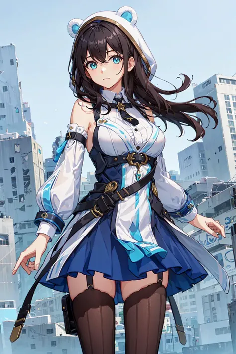 looking at viewer,  <lora:yiweite1.0:0.6>, 1girl, solo, breasts, skirt, detached sleeves, brown thighhighs, blue skirt, cyan eyes, bangs, hood, thigh strap, garter straps, black hair, hair between eyes