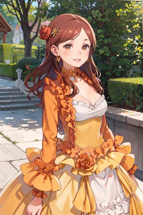 solo, smile, <lora:MaryHunt:1> MaryHunt, hair flower, frilled dress, yellow dress, cleavage, choker, earrings, long sleeves,  <lora:kuroboshi_kouhaku_style_v01:1>, ultra detailed, masterpiece, best quality, aesthetic, detailed,