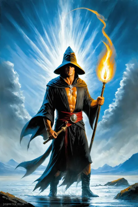 a painting of a man in a black robe holding a torch