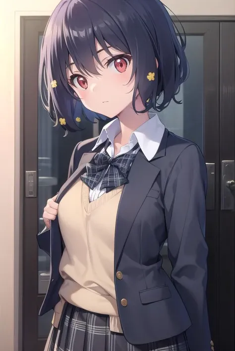 aimizuno, <lyco:aimizuno-lyco-nochekaiser:1>,
ai mizuno, black hair, hair between eyes, (red eyes:1.5), short hair,
BREAK black jacket, black legwear, black neckwear, black skirt, blazer, brown footwear, collared shirt, flower, hair flower, hair ornament, ...