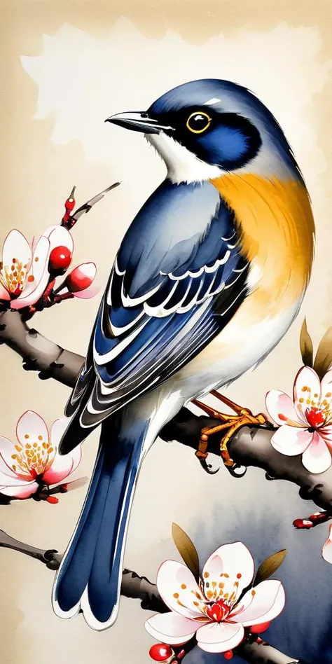 ink and wash meticulous painting, colorful thrush birds, dense plum blossoms, golden thread border,furry feathers,dark blue golden ink dot background,