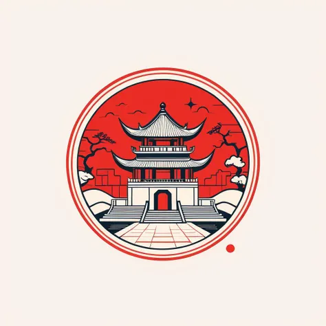 logo design,abstract,minimal line style,Chinese style, seal, square, ancient architecture, irregular boundaries,Red inkpad,gap,