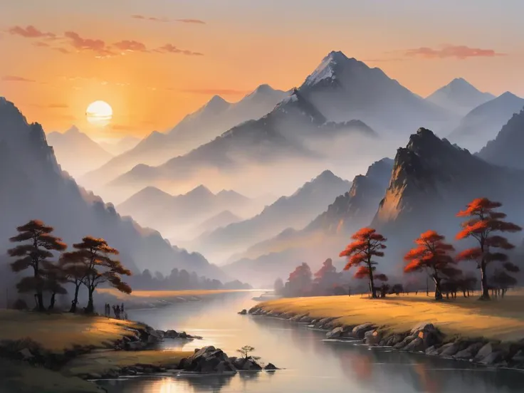 The sun setting behind the Five Great Mountains, their profiles a calligraphy of natures design against the fading light, a scene of contemplation for poets and painters.