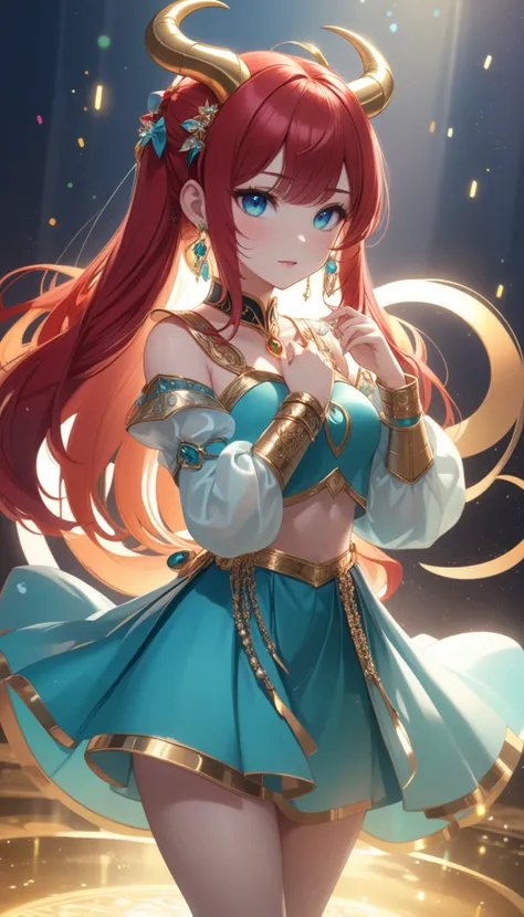 1girl, solo, back light, rainbow, aqua eyes, fake horns, red hair, long hair, crop top, jewelry, horns, veil, bracer, brooch, puffy long sleeves, skirt, bangs, low twintails, puffy sleeves, neck ring, gold trim, parted bangs, arm up, blue skirt, hair ornam...