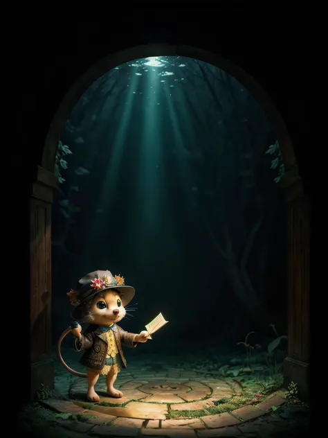 a mouse with a hat and a book in a dark room