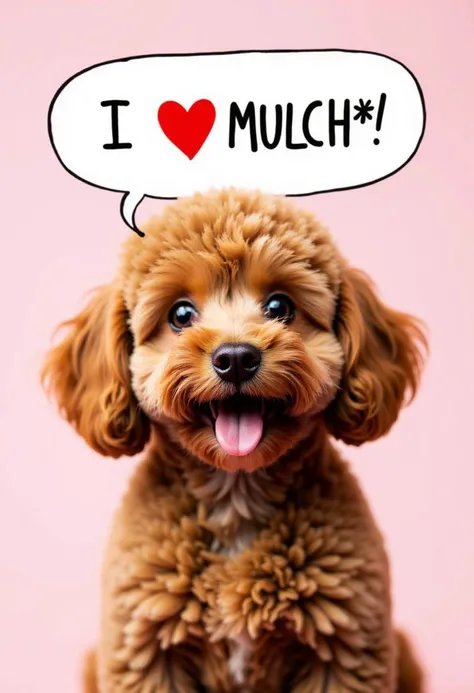 a photograph of a fluffy brown chonky Toy Poodle dog. staring. smiling at camera. big eyes. Ultra realistic with speech bubble saying "I LOVE MULCH❤",