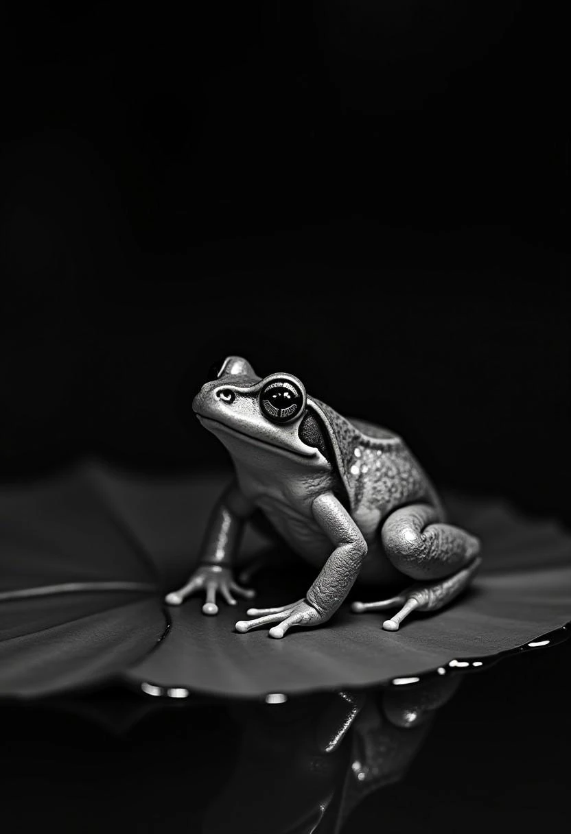 bullfrog sitting on a lily_pad, black and white, stunning lighting, deep background