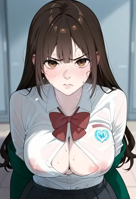 score_9, score_8_up, 1girl, Yuna Lee, brown eyes, brown hair, long hair, school uniform, expressiveH, looking at viewer, large breasts, see-through, sweat, annoyed, open shirt, nipple slip