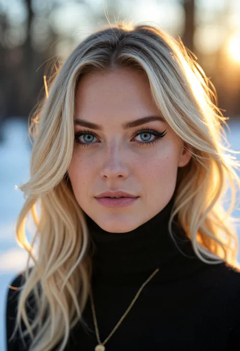 professional photo portrait of a beautiful German woman, natural blonde, blue eyes, outside, winter, snow, sunshine, golden hour, ((dark eyeliner, eye shadow)), [[[lipstick]]]