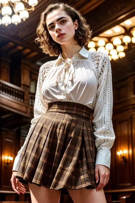 photograph, tv_Solomiya_Maievska_PB_V1, very large breasts, nikon, scene, full body shot, standing in an old library, wearing a plaid skirt, wearing a white shirt, detailed skin, shot from below, flirting with the camera, epiCRealism, epiCPhoto,  <lora:epi...