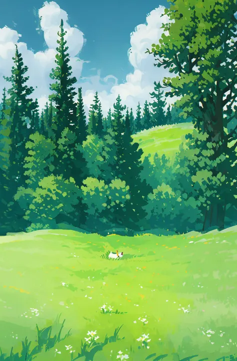 a cartoon picture of a dog in a field with trees