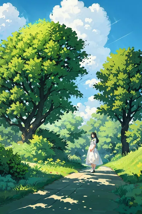 Outdoor, Tree, 1girl, solo, outdoors, dress, flower, grass, wide shot, white dress, standing, black hair, scenery, day, long hair, tree, yellow flower, blue dress, cloud, shadow, sky, road(illustration:1.0), masterpiece, best quality, <lora:summer tree_202...