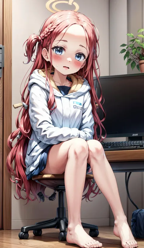 masterpiece, best quality, highly detailed, ,best quality, 1 petite 1girl,  barefoot,    <lora:nedia:0.8>,   <lora:yuzu1-000004:1>, yuzudef, grey eyes, sitting, red_hair,small_breasts,long_hair,very_long_hair,halo, hood, <lora:more_details:0.4>, computer r...