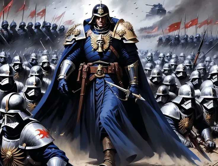 arafed image of a man in a blue cloak and armor standing in front of a large group of soldiers