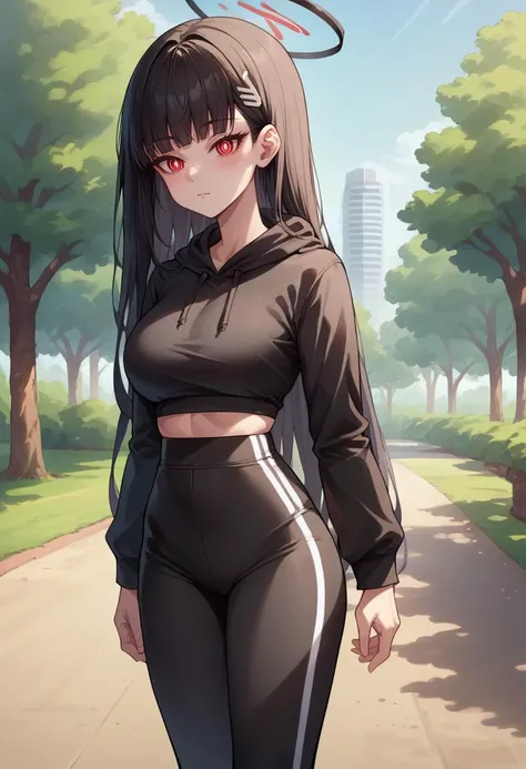 a woman in a black top and black pants walking down a path