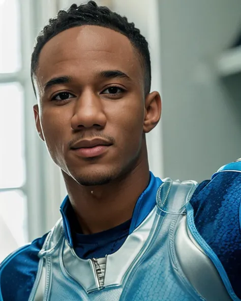 arafed man in a blue and silver uniform holding a cell phone