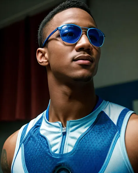 a close up of a man wearing sunglasses and a blue vest