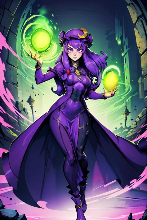 a woman in purple holding two green balls in her hands