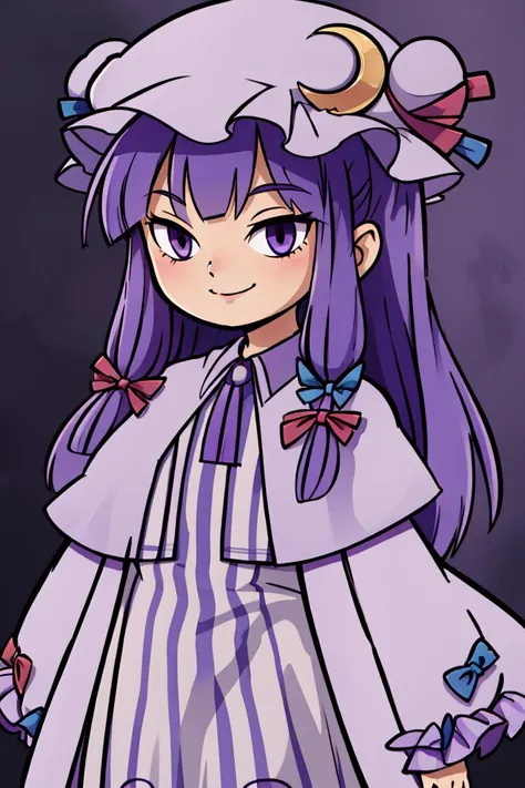 patchouli knowledge, 1girl, dress, (purple hair, purple eyes:1), long hair, mob cap, crescent hat ornament, ribbon, dress, <lora:patchouli:0.9>, smile,