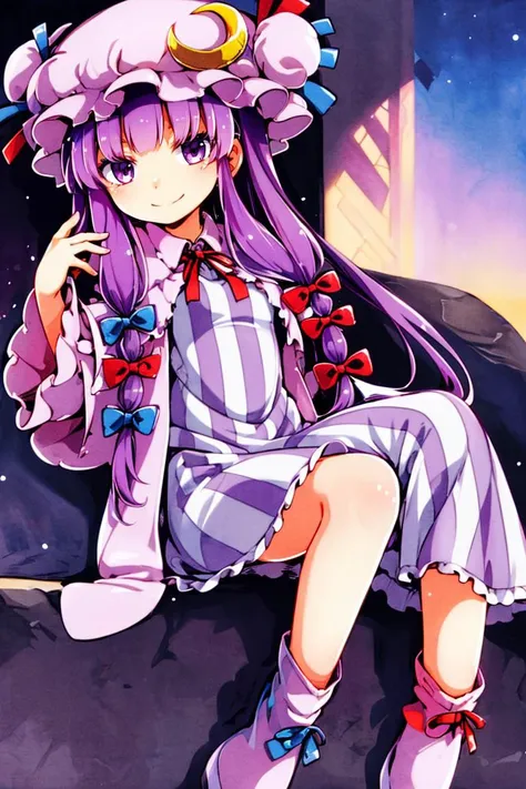 anime girl with purple hair and a purple hat sitting on a couch