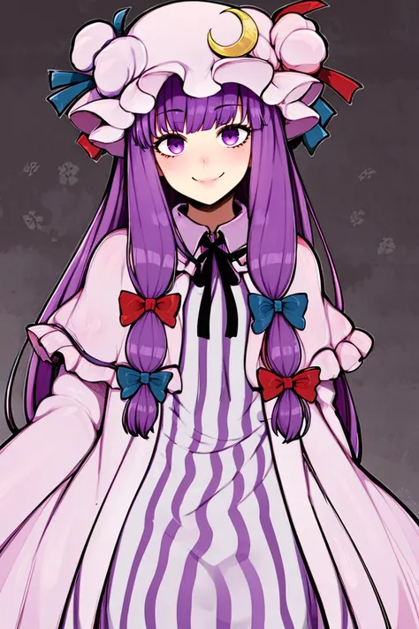 <lora:afrobull_style:0.8>,
patchouli knowledge, 1girl, dress, (purple hair, purple eyes:1), long hair, mob cap, crescent hat ornament, ribbon, dress, <lora:patchouli:0.9>, smile,