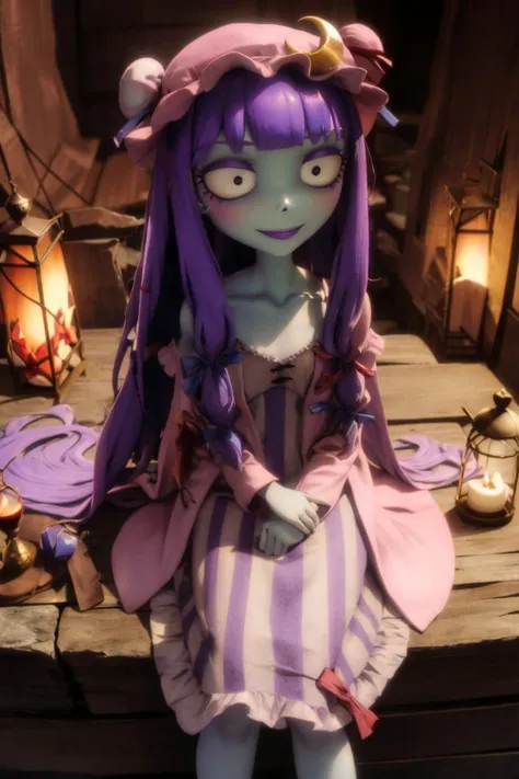 a close up of a doll with purple hair and a dress