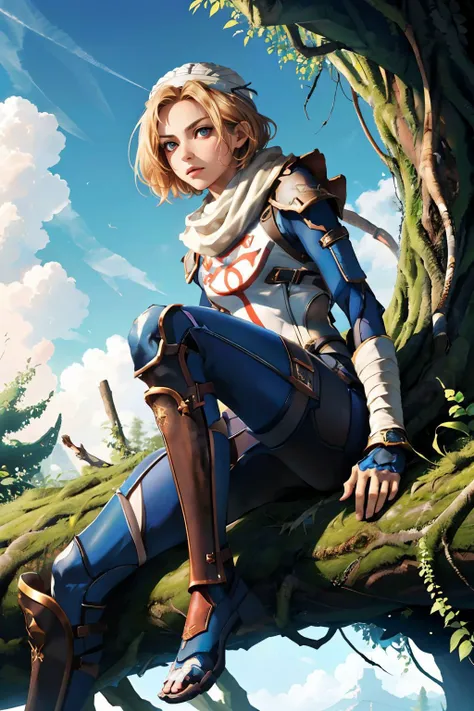 Sheikz, short hair, wmask, hat,bodysuit, looking at viewer, serious, 
outside, sitting on a dead tree, high up, from_below, sky background,
 <lora:v2Sheik:.8> extremely detailed, HDR, beautiful quality,