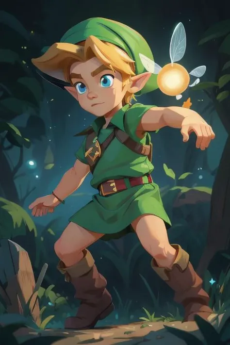 solo, male focus, young boy of age 12, big detailed eyes, (smile:0.6),
1boy, link, blonde hair, blue eyes, hat, pointy ears, green tunic, belt, boots, fairy,
[detailed cute adorable face], dutch angle <lora:YoungLink:0.9>, best quality