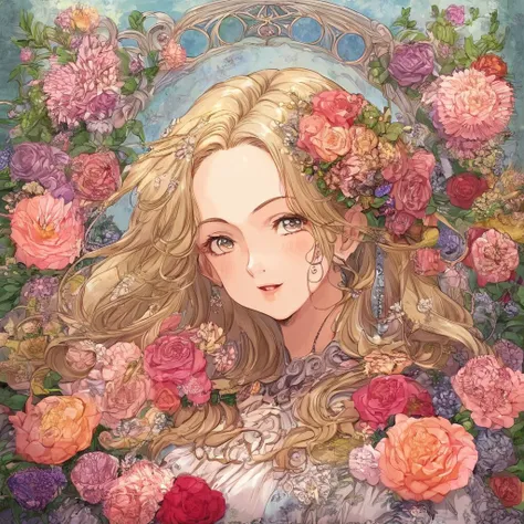 perfectly detailed, best quality, score_9, score_8_up, score_7_up, Anime, sukebe,   1 girl, beautiful flowers, flower corsage in hair, (flowers in background, abstract flower background), impressionism, blonde hair, long hair, art nouveau style