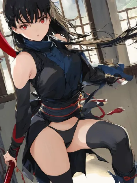 score_9,  source_anime, BREAK  from above,
1girl, black hair, red eyes, ninja, long hair, holding weapon, black thighhighs, boobplate, looking at viewer, parted lips, underwear, black panties, bangs, cowboy shot, medium breasts, indoors,