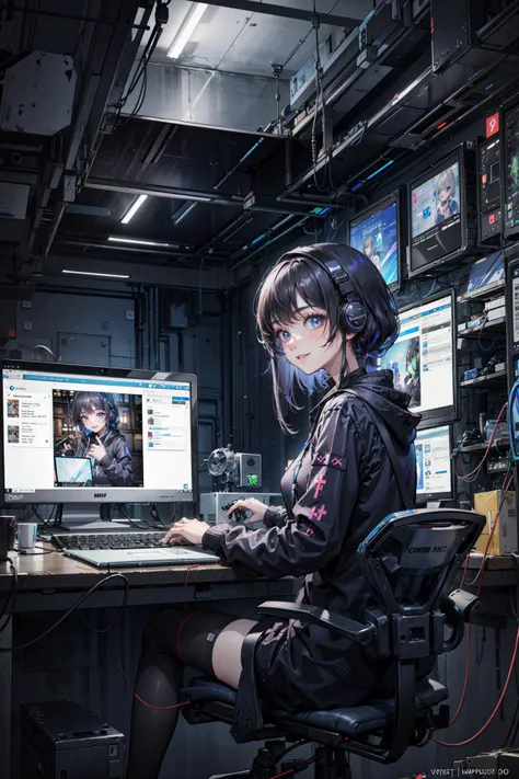 anime girl sitting at a desk with a laptop and a monitor