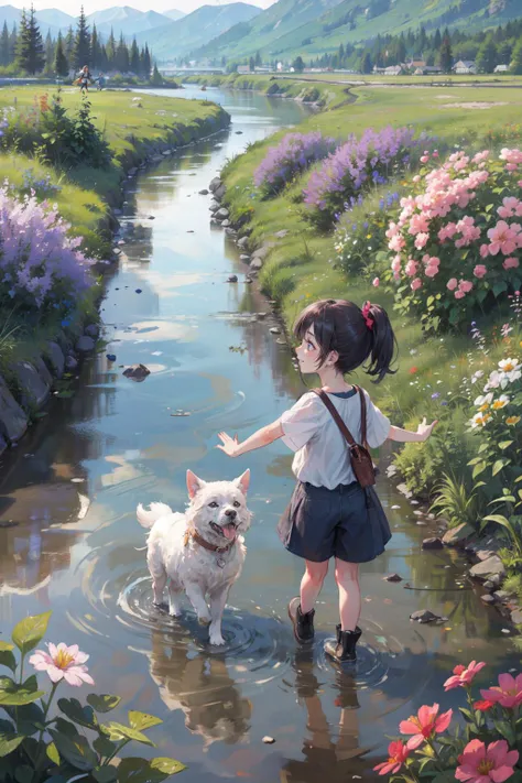 ((best quality, masterpiece, absurbres, super-resolution)),children boy and girl,casual,playing,happy,dog,nature,day,outdoors,Wide Angle,fullbody,in summer,flowers meadows,river,village,smile512,