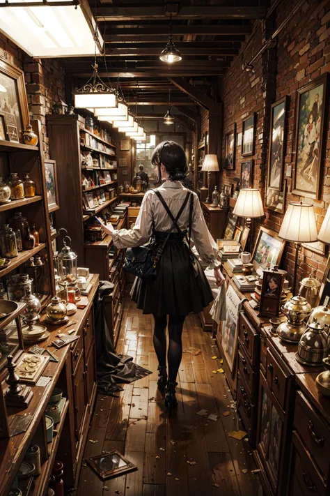 arafed woman walking through a store with lots of antique items