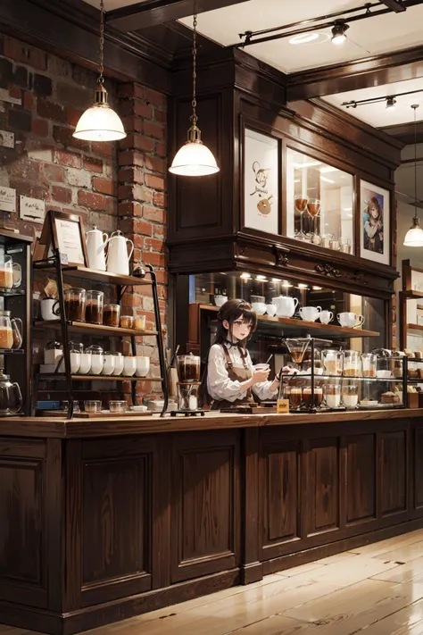 there is a woman standing at a counter in a coffee shop