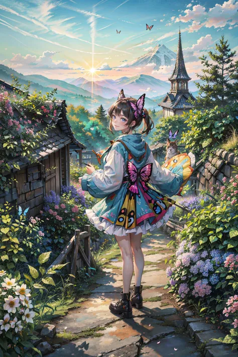 ((best quality, masterpiece, absurbres, super-resolution)), colorful fashionable girl, Sunshine, (vibrant scenery), Beautiful Landscape, Flowers and butterfly