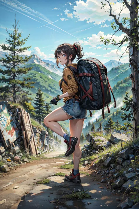 a painting of a woman with a backpack walking down a dirt road