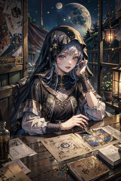 anime girl sitting at a table with a book and a lantern