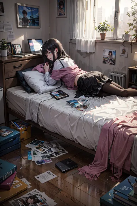 there is a woman laying on a bed with a book