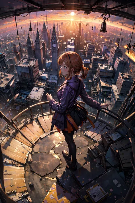 a woman standing on a ledge looking at a city