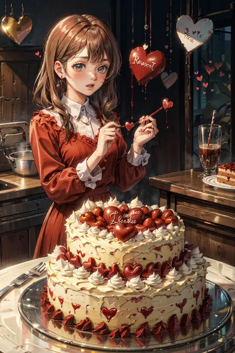 anime girl with a heart shaped cake in a kitchen