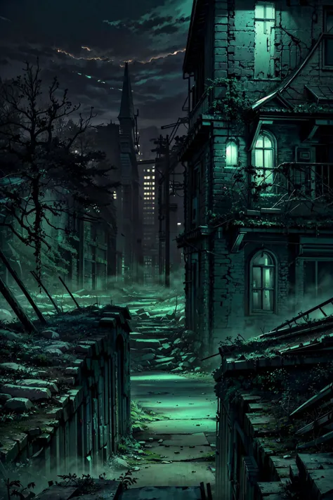 a dark alley with a creepy building and a clock tower