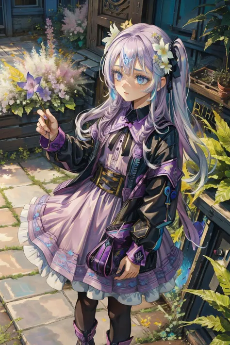 a girl in a purple dress holding a flower in her hand