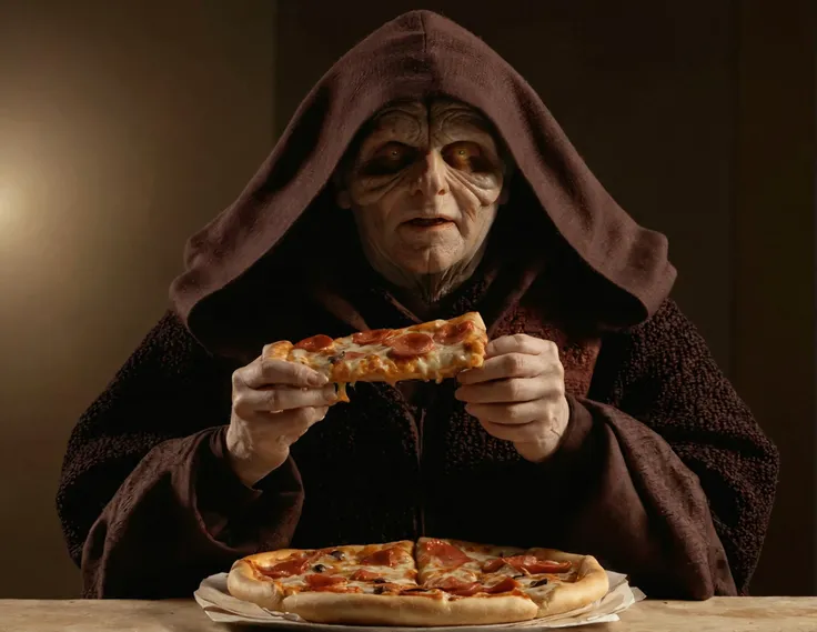 arafed man in a hooded robe eating a slice of pizza