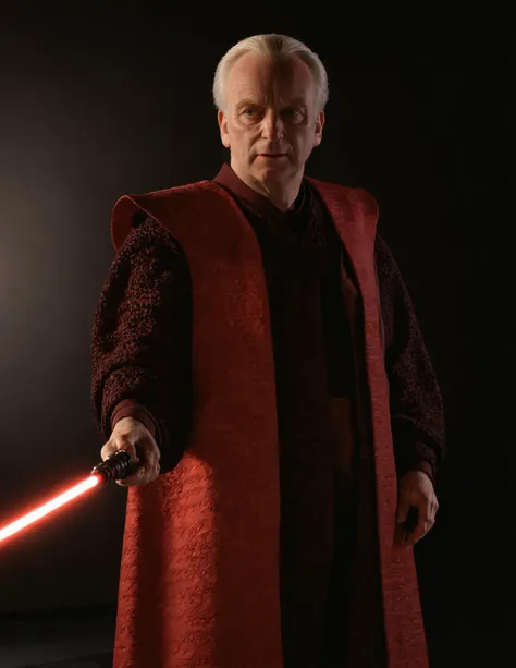 a man in a red robe holding a light saber