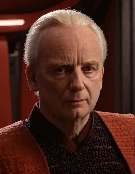 a close up of a man in a red shirt and a red vest